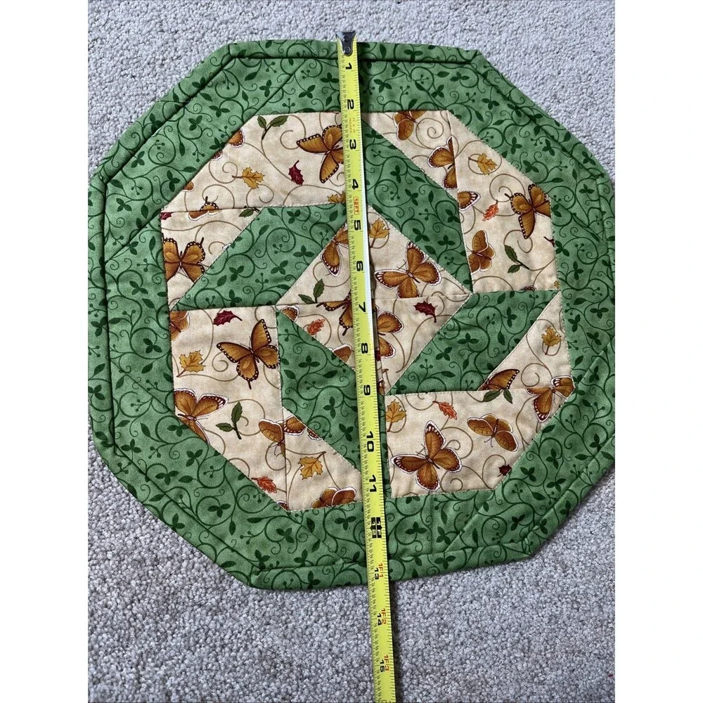 2Retro Patchwork Quilted Octagon Reversible Grn Floral TableMat Traymat Placemat